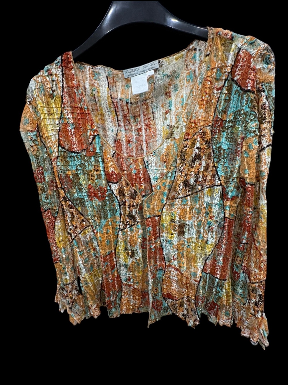 Alberto Makali Sheer Crinkle Sequin Blouse Rust Turquoise Size S